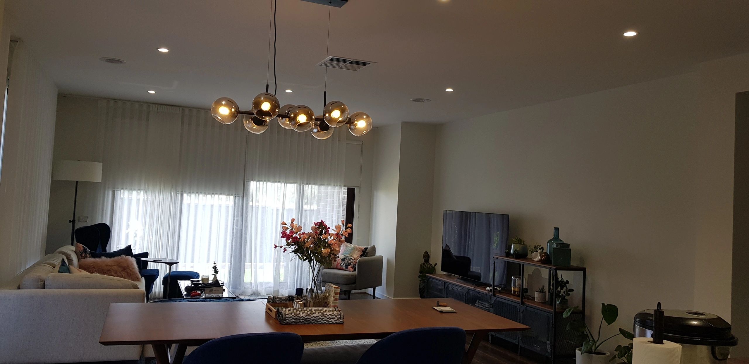 Living room globe pendant light and downlights