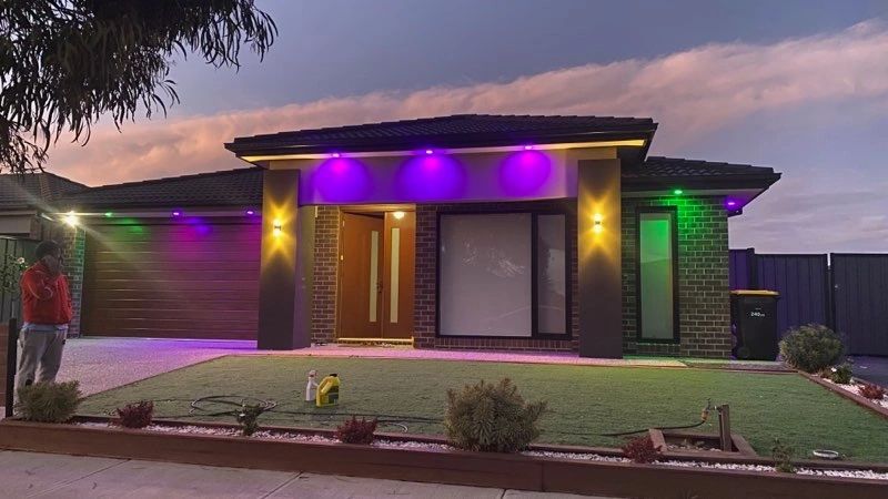 House exterior RGB colour lighting at dusk