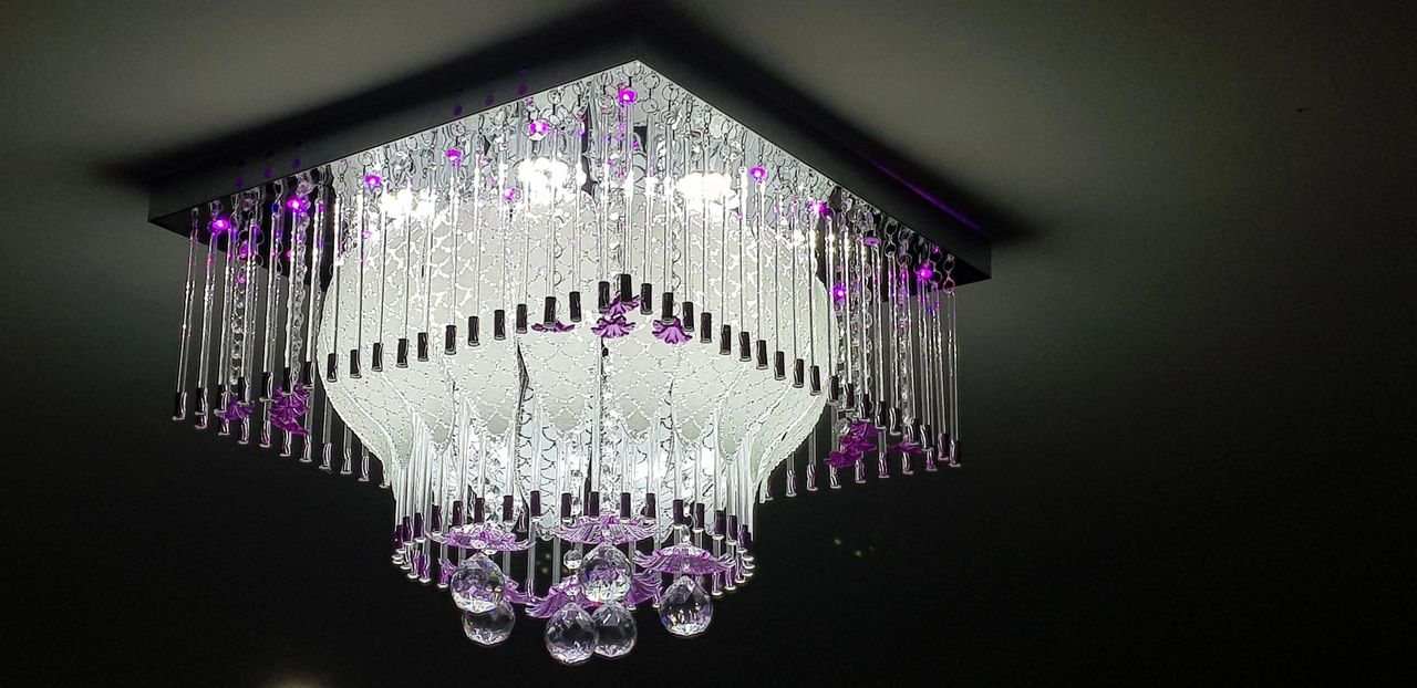 Square crystal chandelier with purple LED lighting