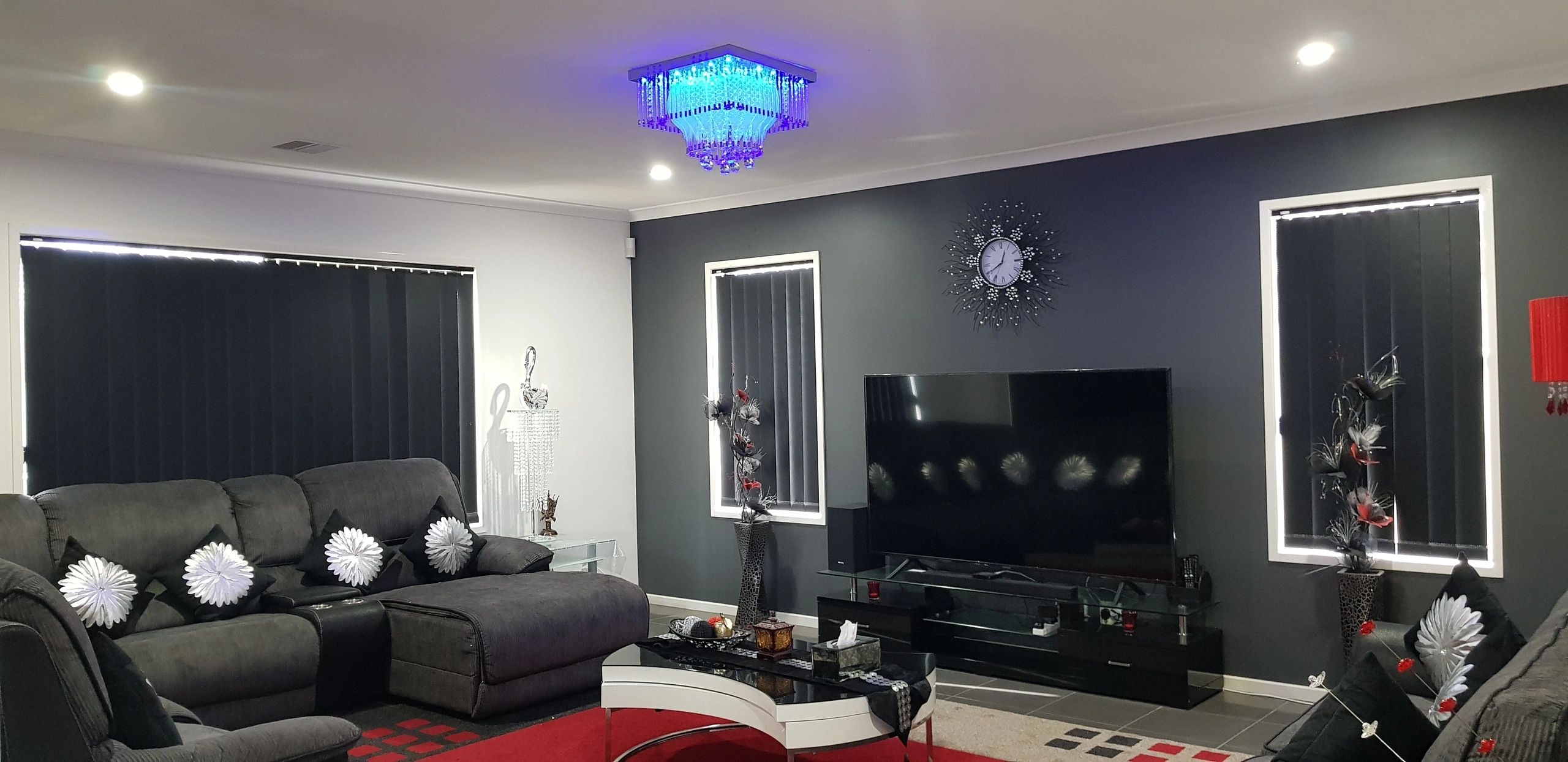 Blue LED chandelier with downlights