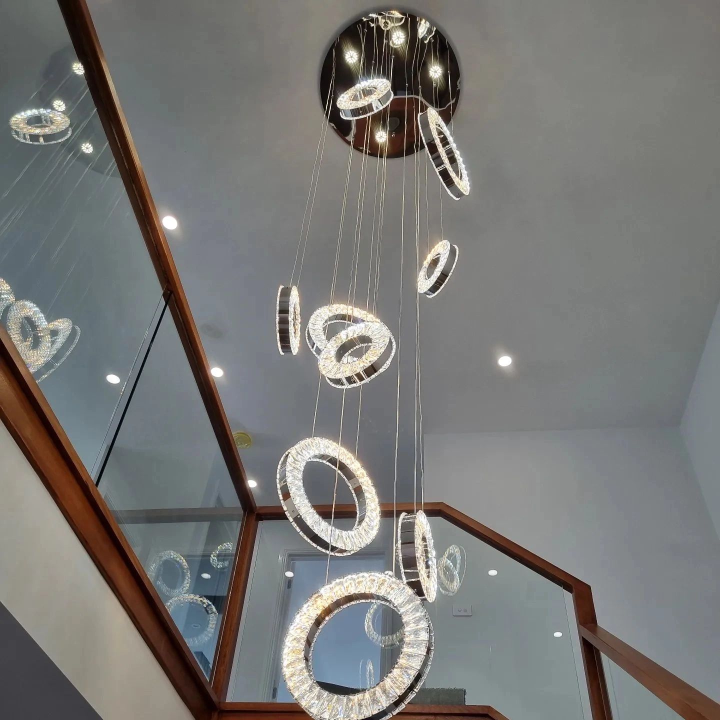 Crystal ring cascade chandelier stairwell